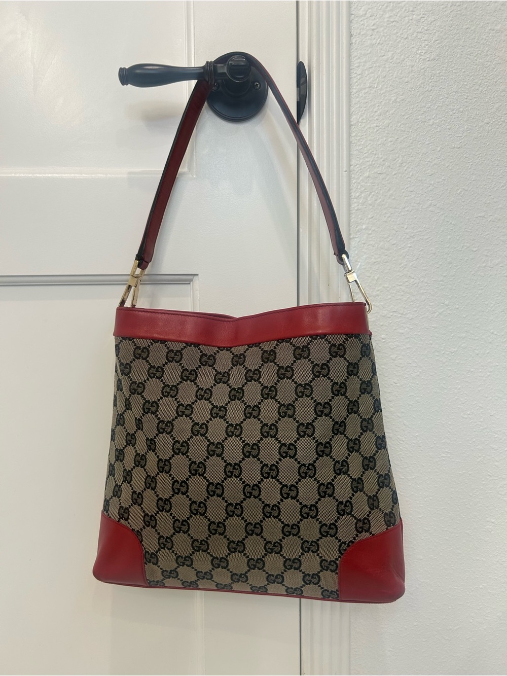 Gucci Tom Ford Y2K Black Monogram Shoulder Bag with Red Leather Trim